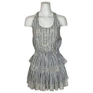 LoveShackFancy Ruffle Racer Mini Dress XS Blue Stripe Tiered Embroidered Revolve